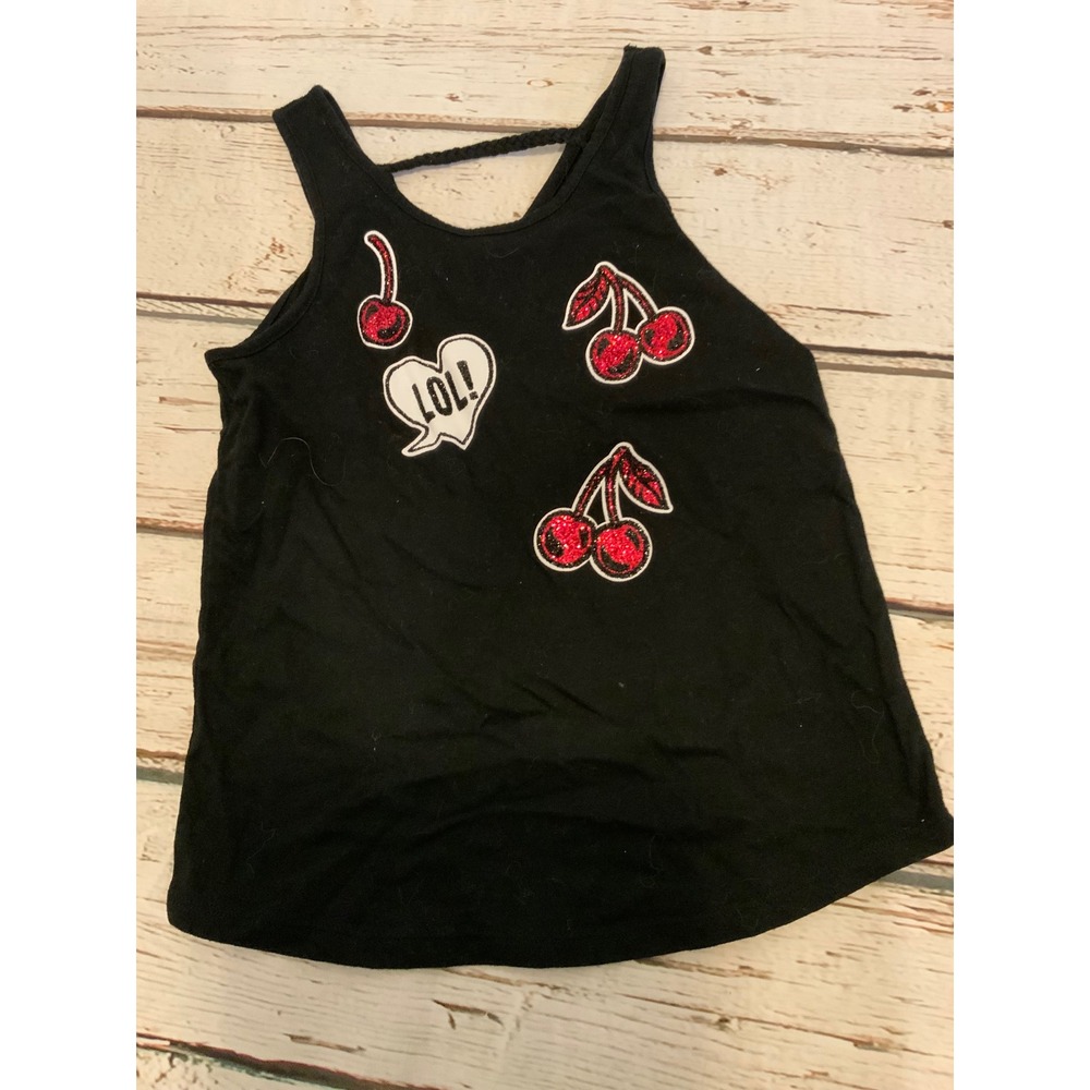 Justice Girls Black Tank Top Red Glitter Cherry LOL Graphic Braided Back Size 8